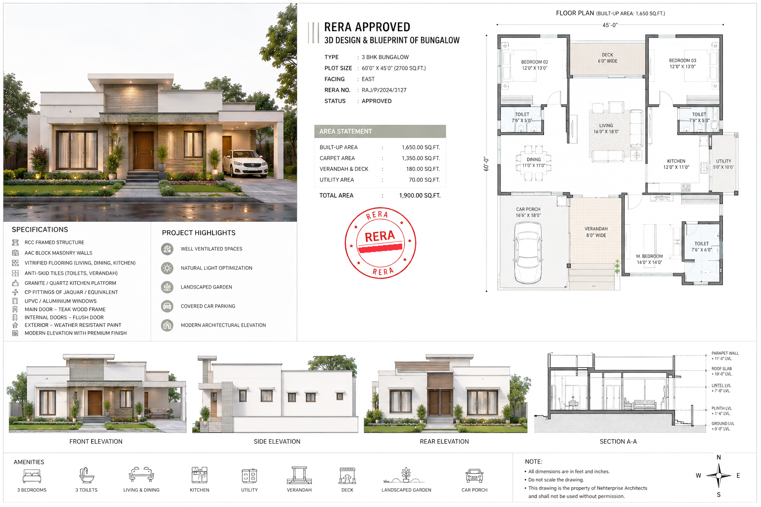 RERA-approved floor plan of a 4-BHK single-storey 1,859 sq ft bungalow by Dios Design — bedrooms, dining, kitchen, parking