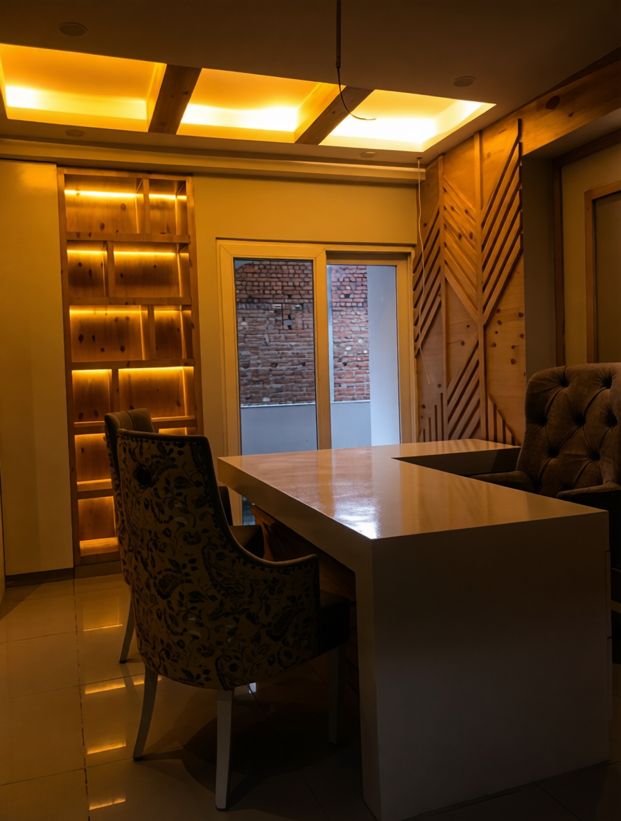 Office workstation row interior — Jyotish Vedang Wellness, Dehradun